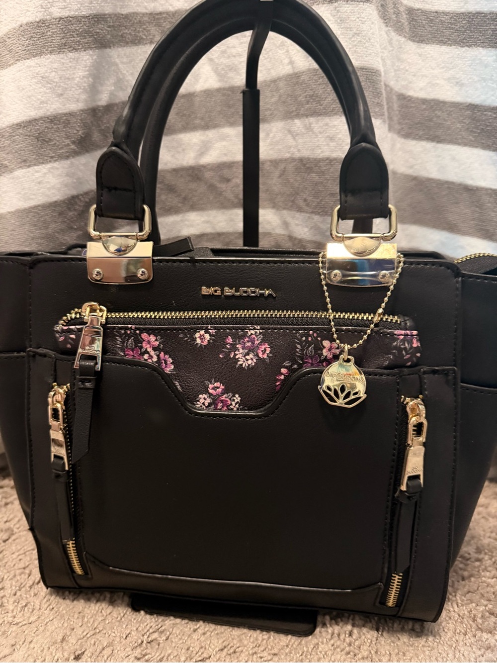 NWOT Big Buddha Black Satchel with Pink & Purple Floral Pouch